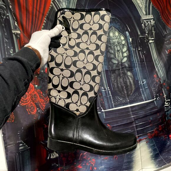 Coach Tristee Women's 7 Black Leather Comfort Lace-Up Mid-Calf Outdoor Rain Boot - Picture 3 of 10